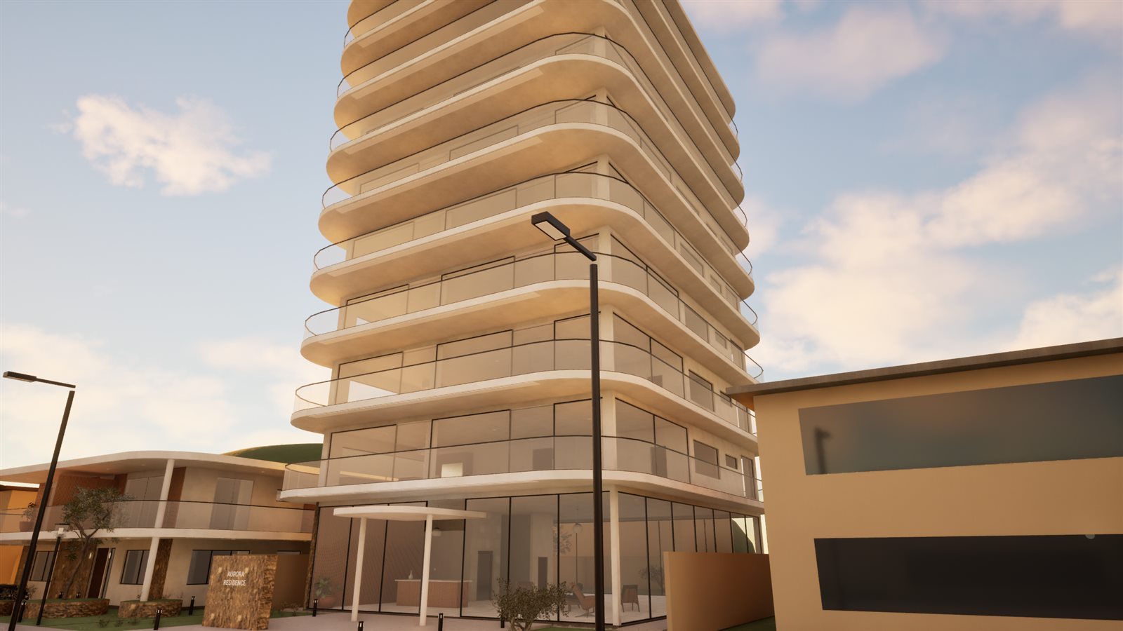 Torre residencial de oito andares com varandas em fitas curvas